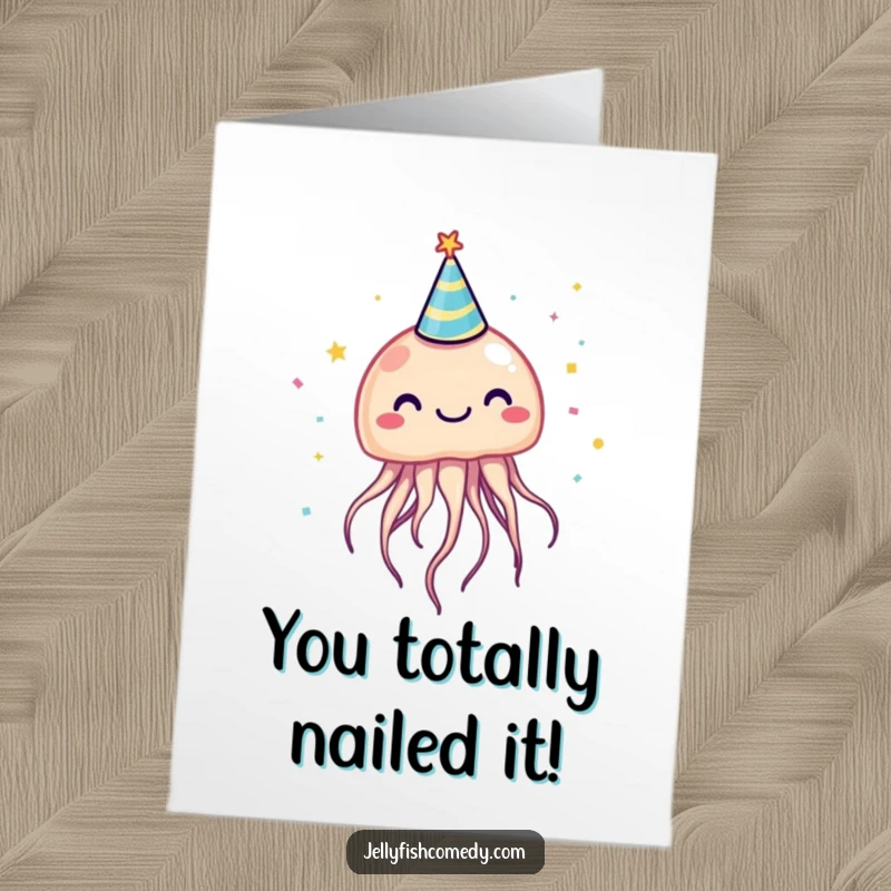 Funny Free Printable Congratulations Card: A giddy jellyfish sports a jaunty party hat amidst a shower of confetti.