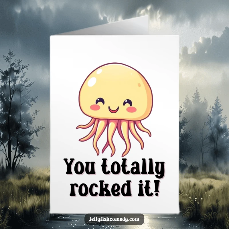 Funny Free Printable Congratulations Card: A beaming jellyfish floats with delight, cheering for their achievement.