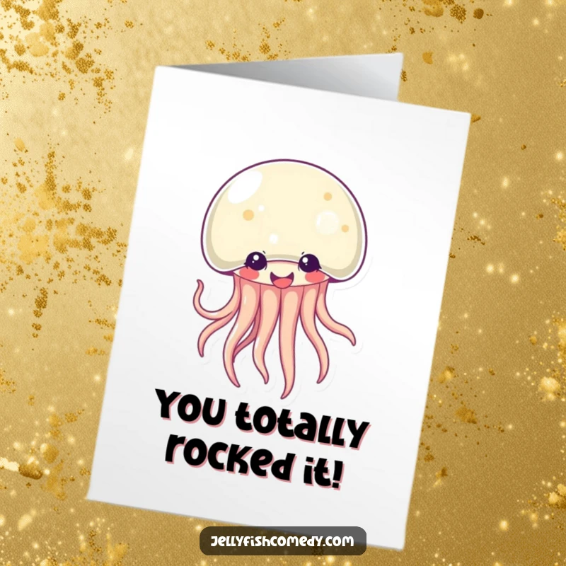 Funny Free Printable Congrats Card: A giggling Kawaii jellyfish wiggling tentacles with glee, perfect for celebratory downloadable art.