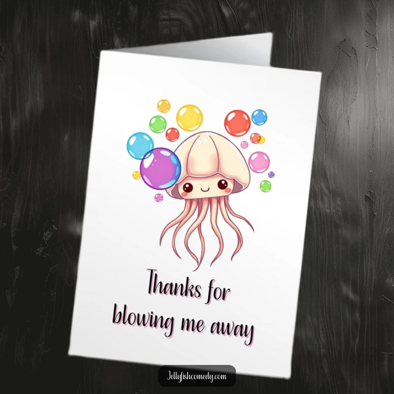 Funny Free Printable Thank You Card: A jellyfish blows enchanting colorful bubbles, saying thank you delightfully.