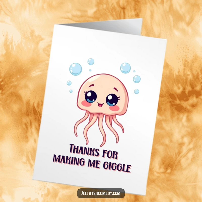 Funny Free Printable Thank You Card: A giggling jellyfish floating happily amongst bubbles, a humorous way to say thanks.