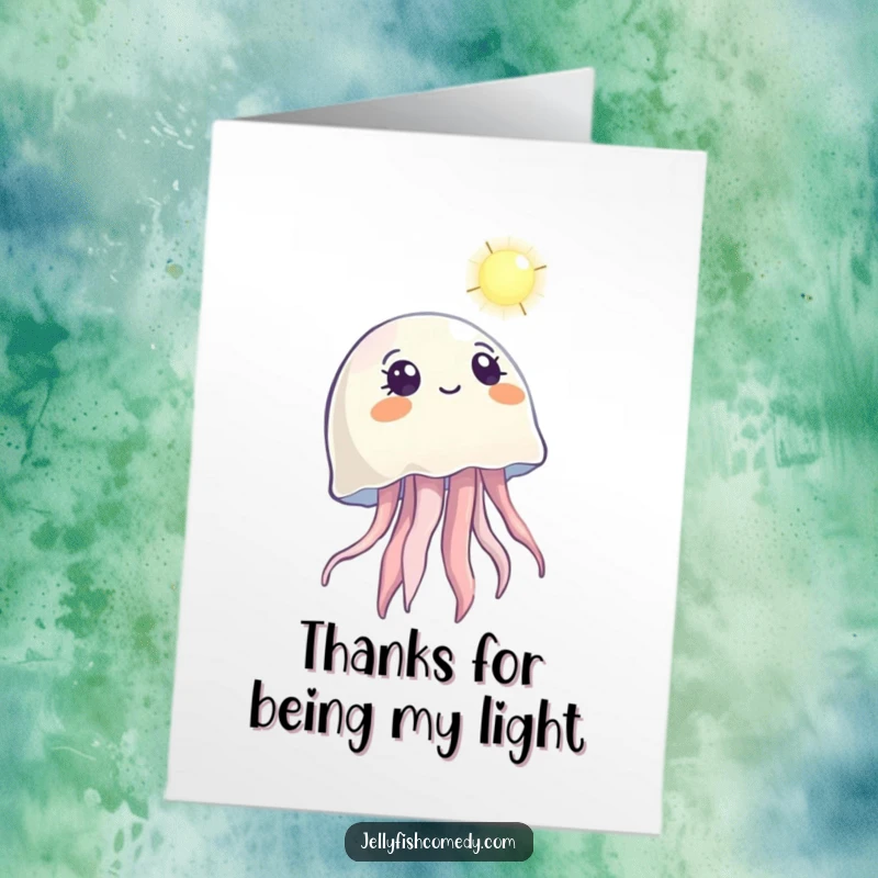 Free Printable Thank You Card with a jellyfish looking up in wonder at a distant light, a symbol of gratitude.