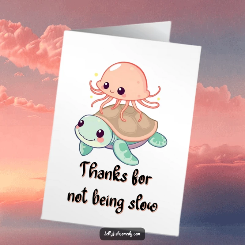 Free Printable Thank You Card depicting a jellyfish playfully bouncing off a friendly sea turtle, a delightful downloadable expression of gratitude.