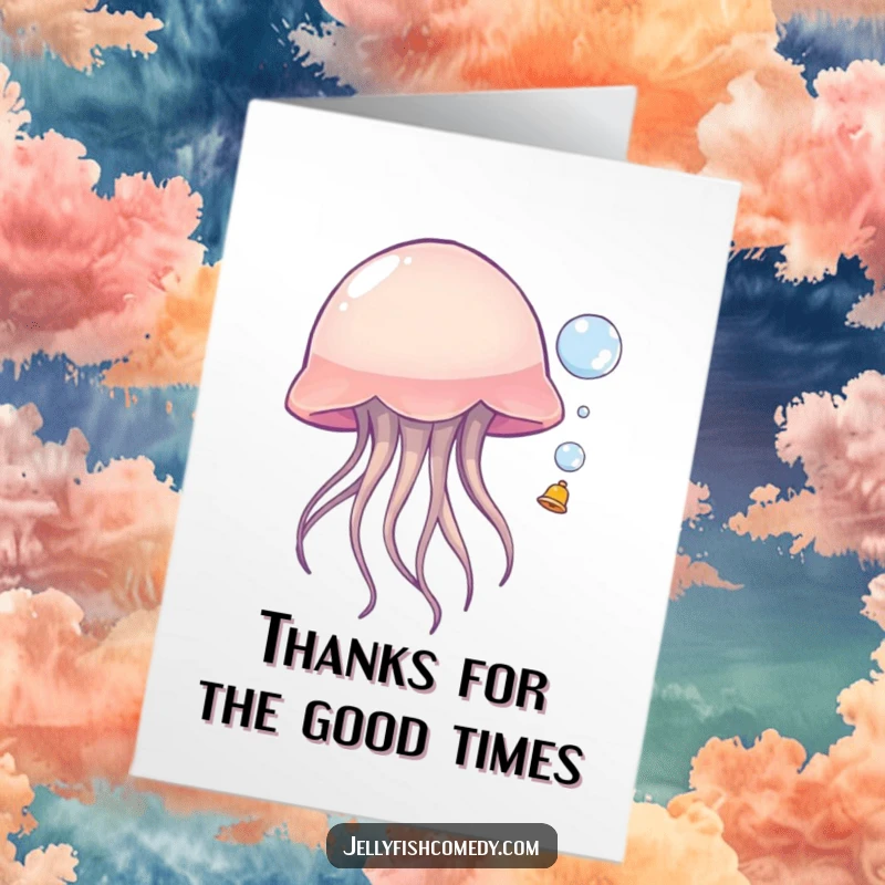 Funny Free Printable Thank You Card: A cute jellyfish holding a bubble, expressing thanks with a bubbly gesture.
