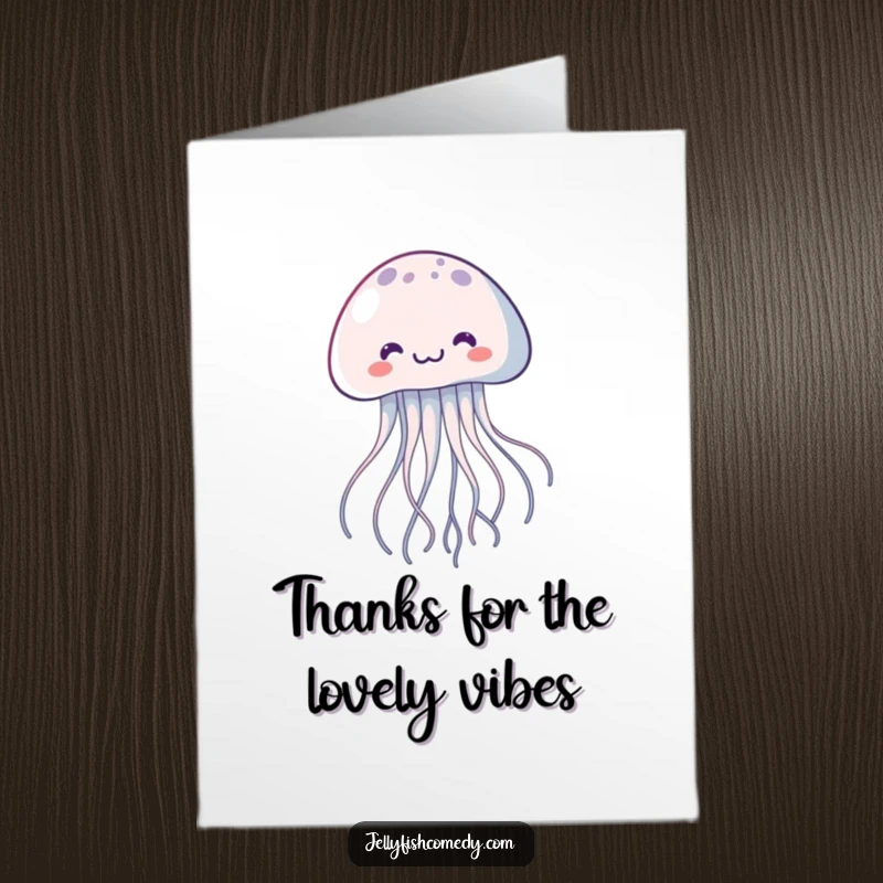Funny Free Printable Thank You Card: Kawaii jellyfish with trailing tentacles joyfully floating upwards to express thanks, a downloadable gesture.