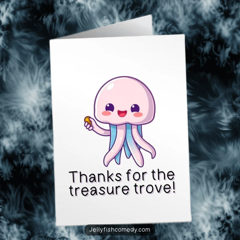 Funny Free Printable Thank You Card: Excited Kawaii Jellyfish offers a shiny treasure as a token of gratitude.