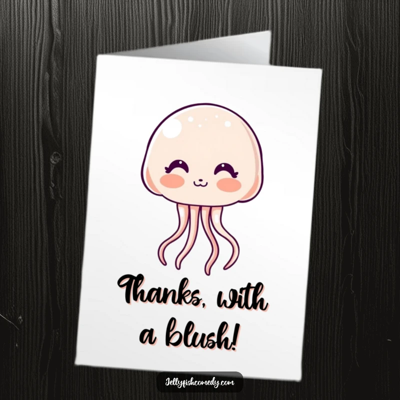 Free Printable Thank You Card of a blushing kawaii jellyfish sending a sweet, shy kiss of thanks.