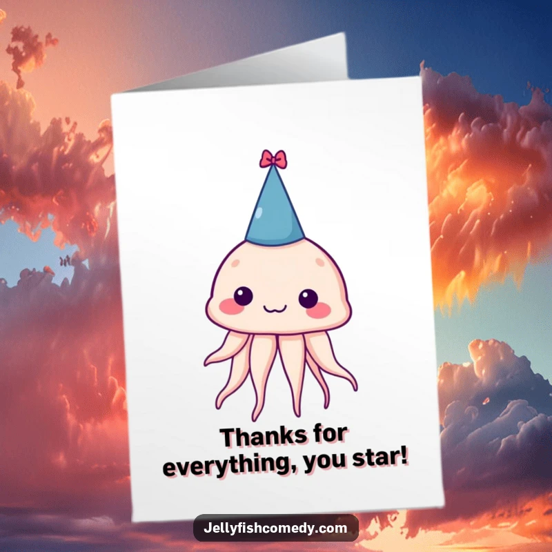 Funny Free Printable Thank You Card: A goofy jellyfish wearing a tilted party hat, expressing thanks with a splash of humor.