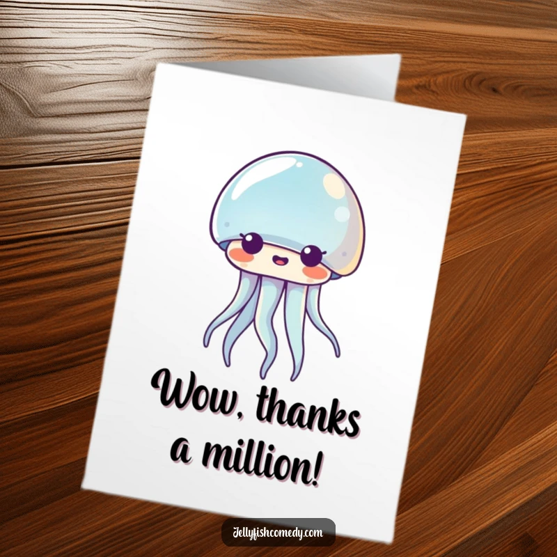 Funny Free Printable Thank You Card: A surprised Kawaii jellyfish looks amazed, perfect for expressing gratitude humorously.
