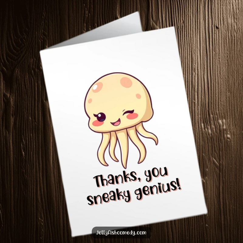 Funny Free Printable Thank You Card: A jellyfish winks with a mischievous, bubbly smile, sending a funny thank you.