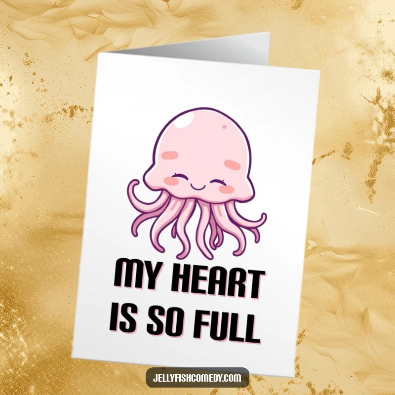 Funny free printable giggling jellyfish thank you card, eyes closed, tentacles wiggling joyfully, a delightful downloadable message.