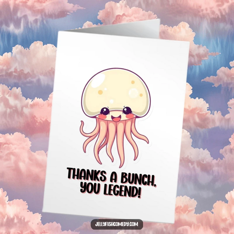 Funny Free Printable Thank You Card: A giggling Kawaii jellyfish wiggles tentacles with glee, a humorous way to say thanks.