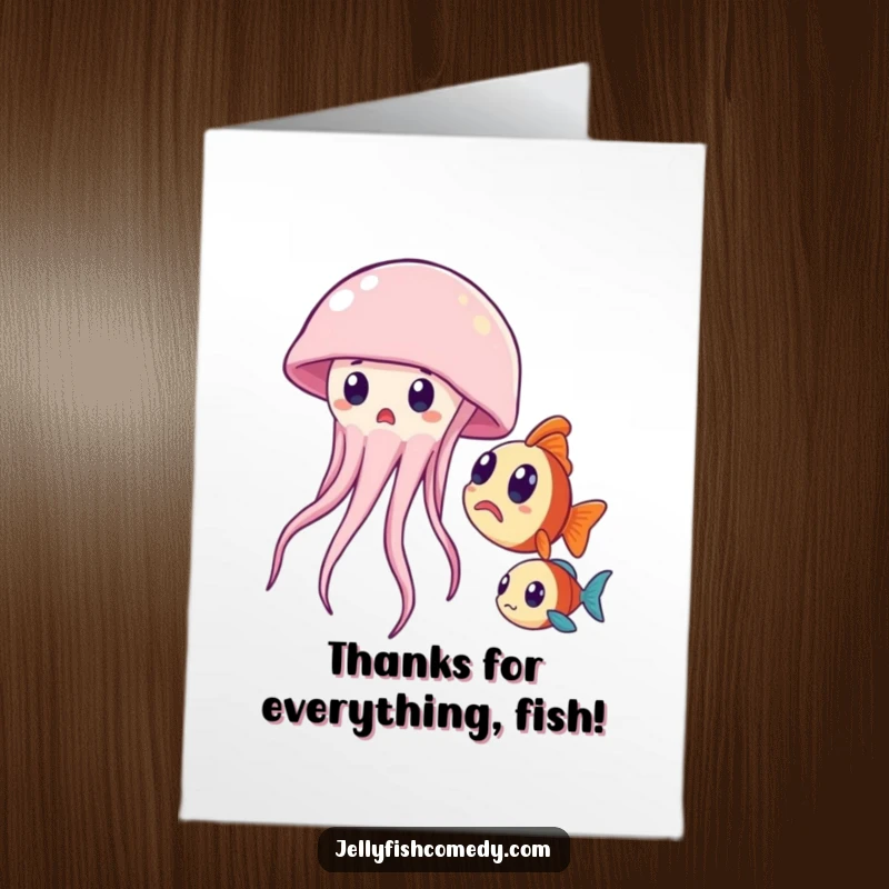 Funny Free Printable Thank You Card: A startled jellyfish, conveying surprise and thanks, a humorous downloadable sentiment.