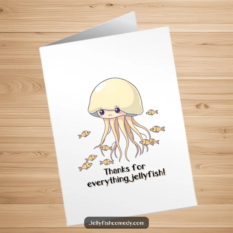 Funny Free Printable Thank You Card: Jellyfish leading a fish school chase, a humorous downloadable greeting for appreciation.