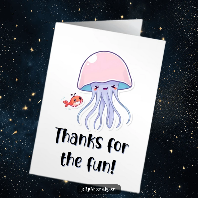 Funny Free Printable Thank You Card: A playful Jellyfish with a grin chases a tiny shrimp, showing thankful pursuit.
