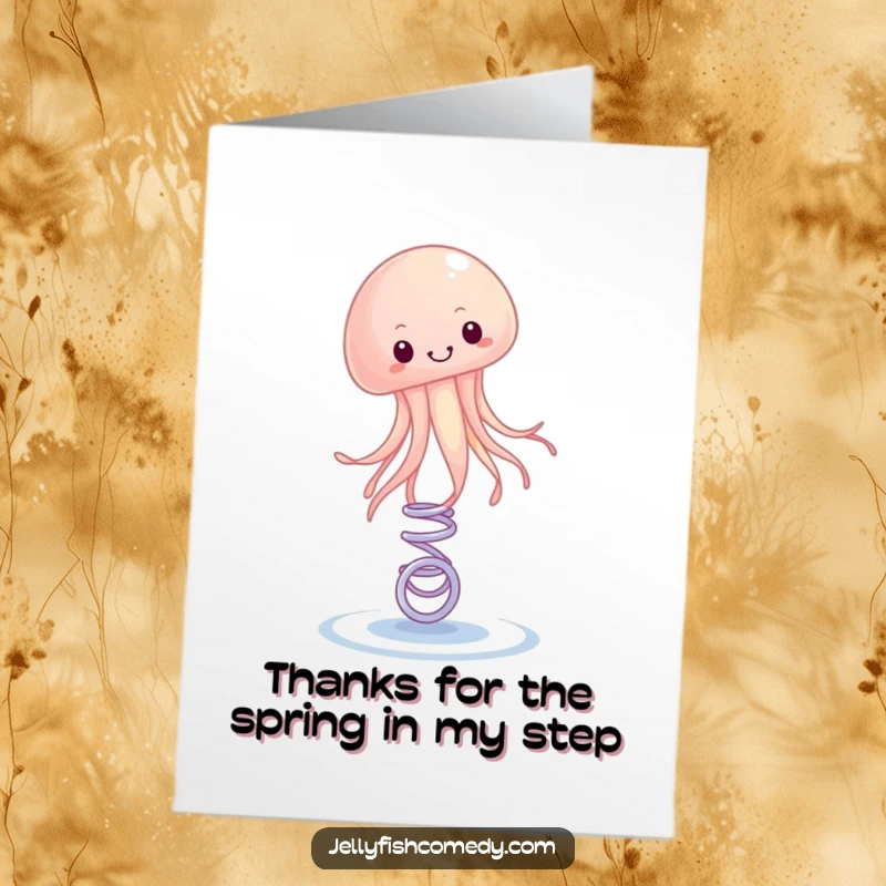 Funny Free Printable Thank You Card: A jellyfish bounces with enthusiasm on a spring, expressing thanks.