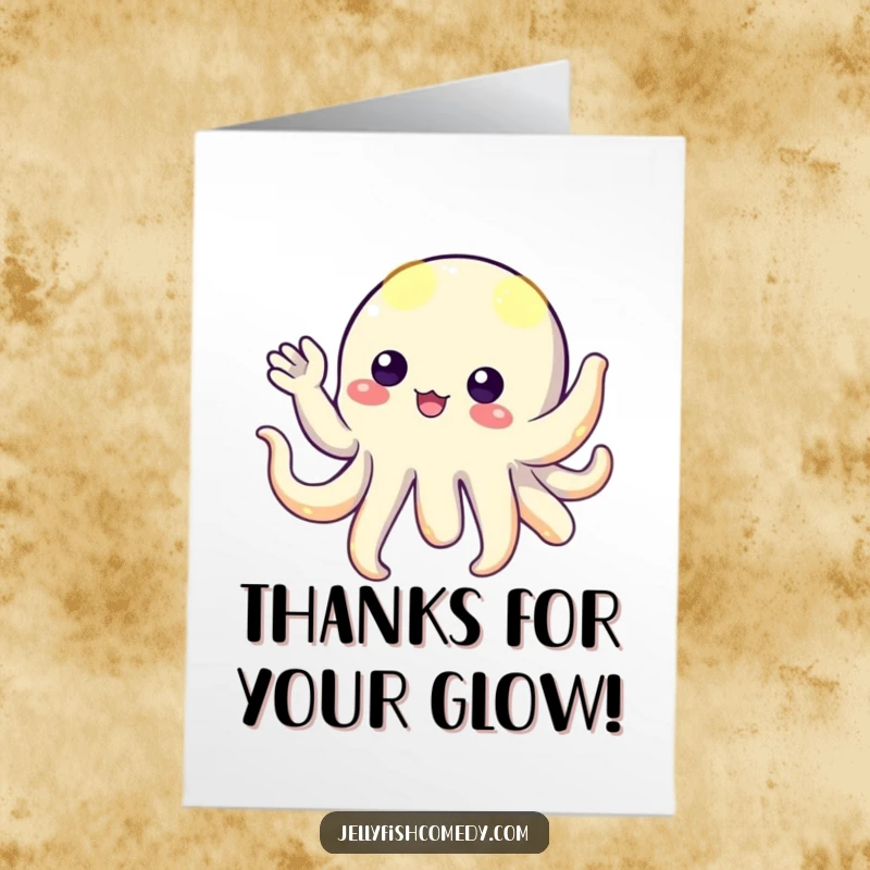 Funny Free Printable Thank You Card: A floating creature with glowing tentacles playfully waving hello, offering thanks with a humorous, alien touch.