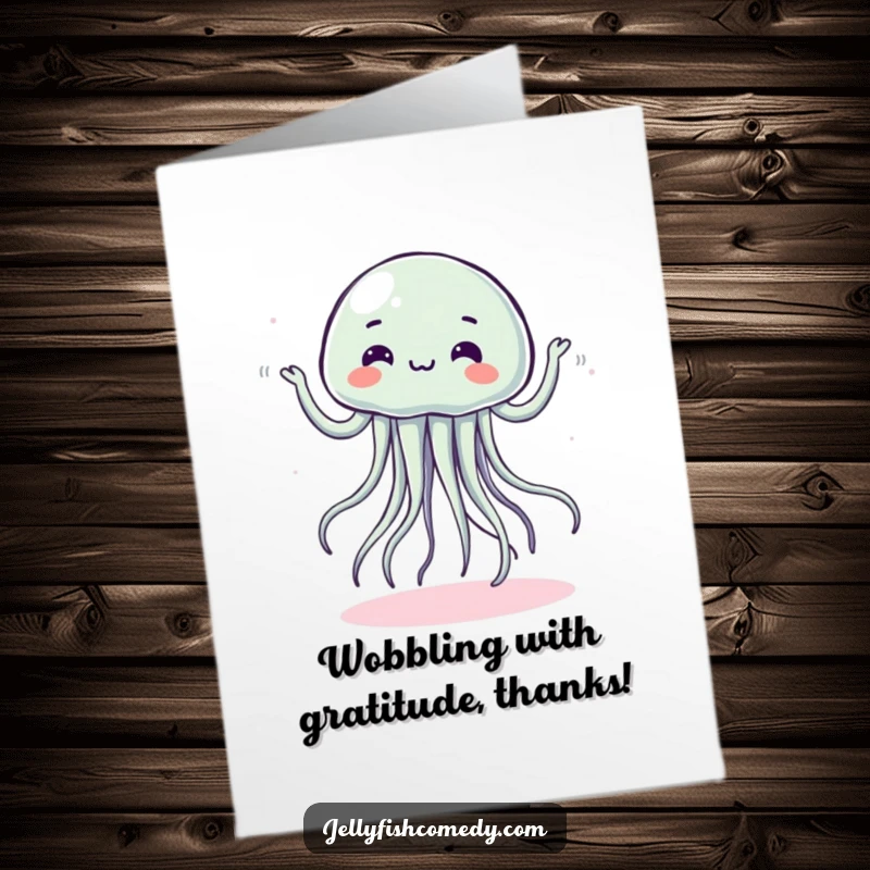 Funny free printable dancing jellyfish thank you card, doing a silly, wobbly dance, an amusing downloadable note.