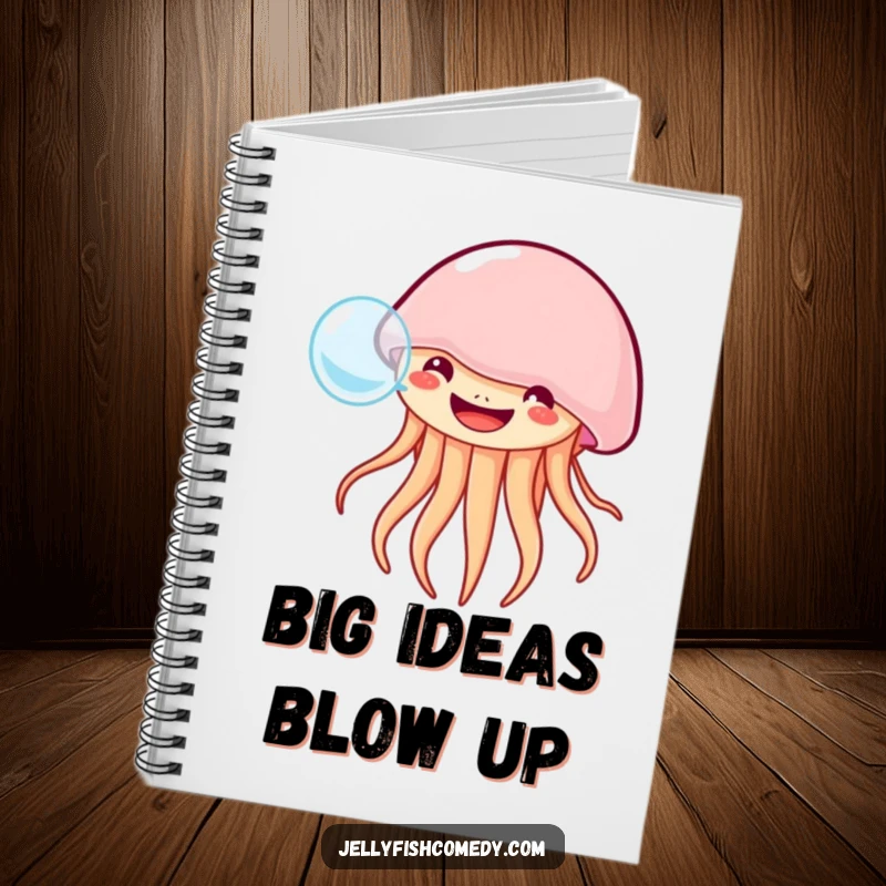 Funny grinning jellyfish notebook design shows a happy jellyfish blowing a big bubble, ideal for writing and creative thoughts.