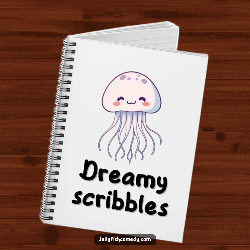 Funny kawaii jellyfish notebook, a joyful floating creature with trailing tentacles, ideal for jotting down happy thoughts.