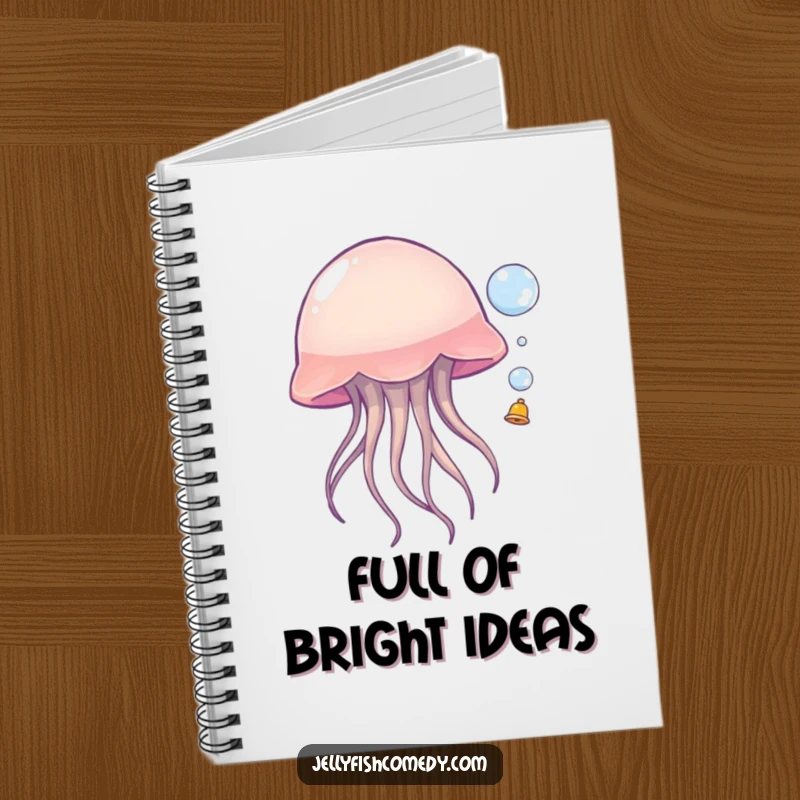 Funny jellyfish notebook, showing a sea creature playfully bouncing a bubble, ideal for jotting down thoughts with a touch of humor.