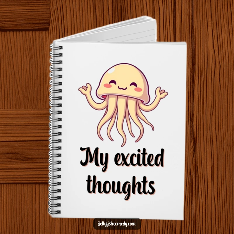 Funny jellyfish joyfully waving tentacle arms, a humorous notebook for jotting down excited thoughts.