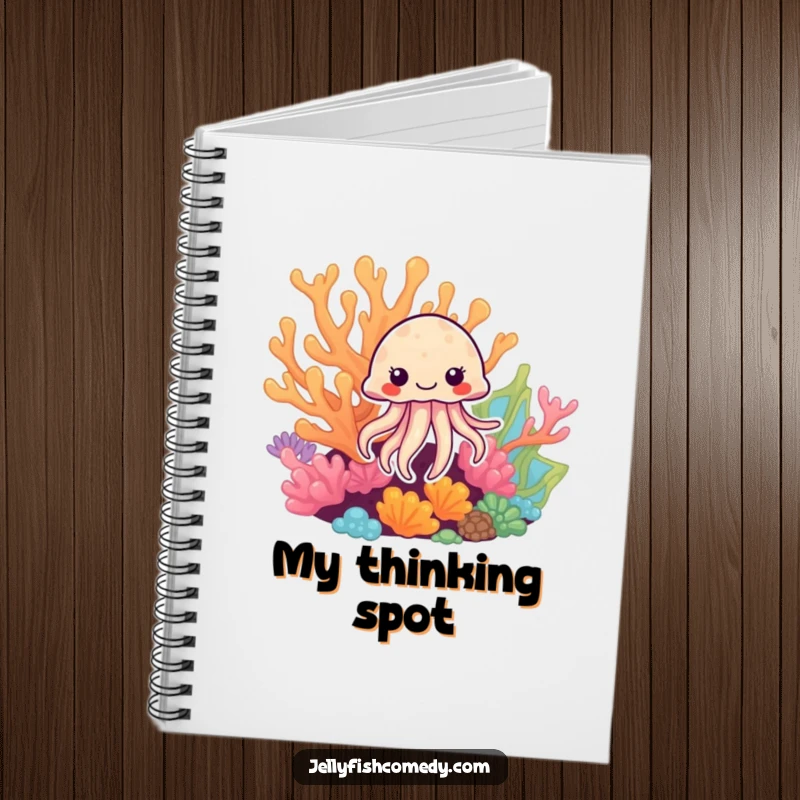 Funny Jellyfish Notebook: A playful jellyfish peeking from coral adorns this notebook, perfect for capturing curious thoughts.