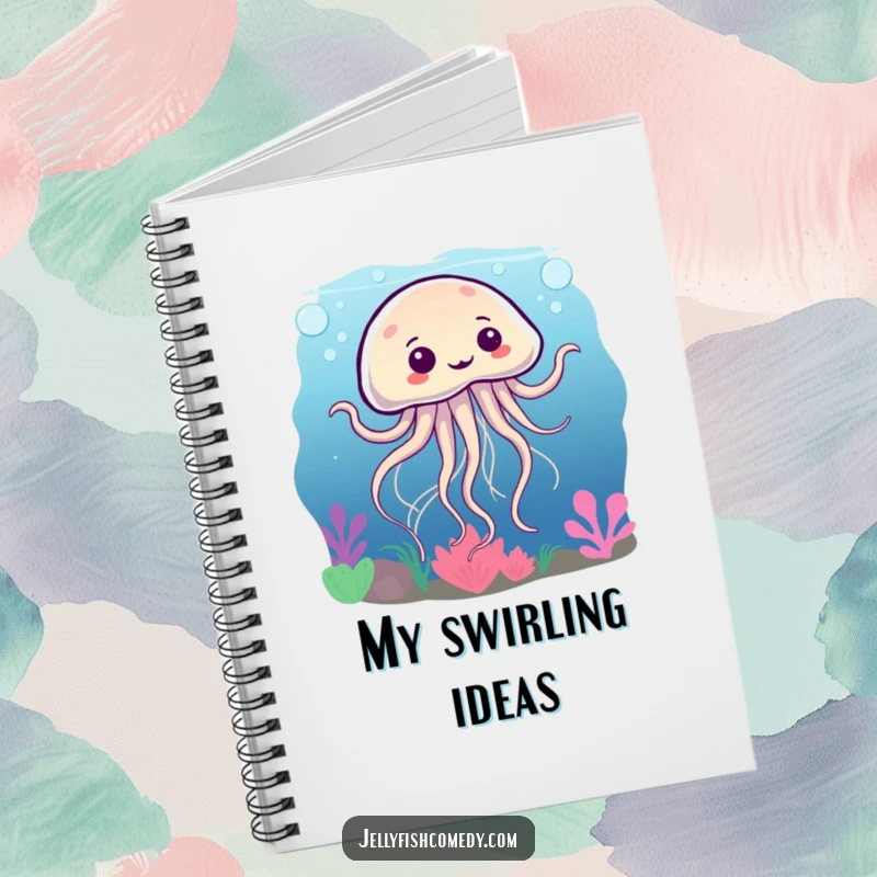 Funny notebook cover with a silly jellyfish dancing underwater, tentacles swirling, perfect for jotting down fun ideas.