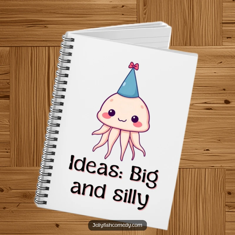 Funny notebook with a silly jellyfish wearing a tiny party hat, ideal for jotting down notes and funny thoughts.
