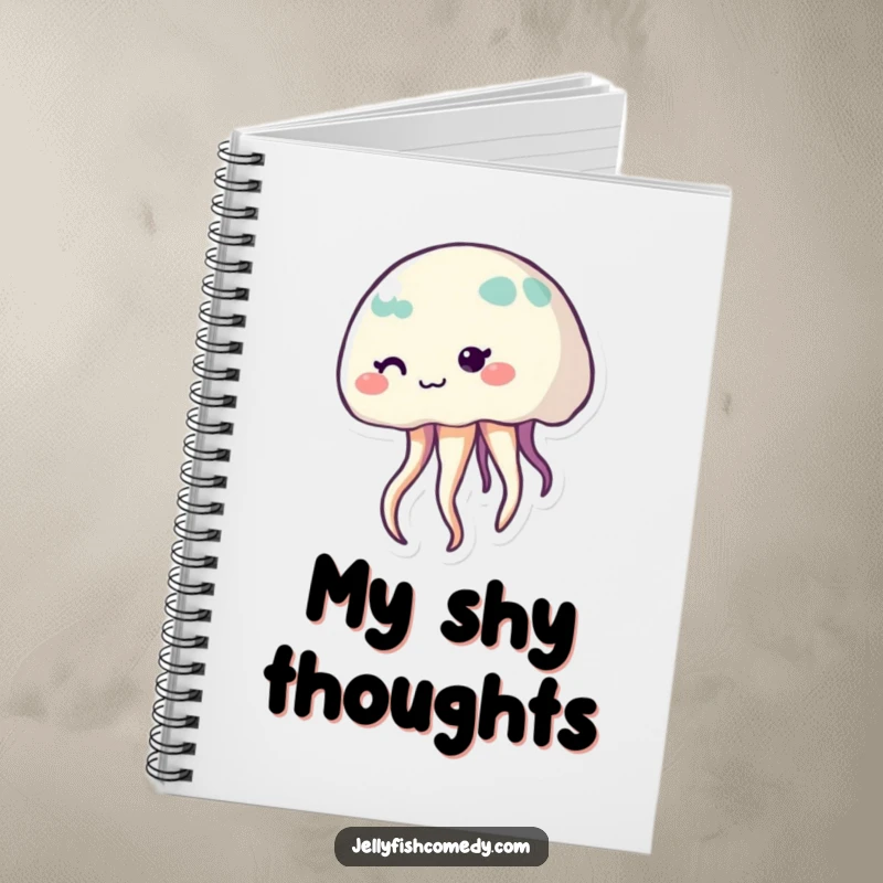 Funny shy jellyfish notebook, featuring a cute, smiling sea creature with gentle tentacles, ideal for note-taking.