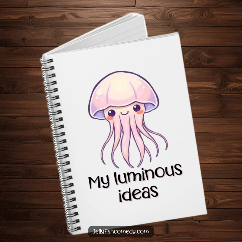 Funny Kawaii jellyfish notebook featuring a creature emitting a soft, happy light. Ideal for journaling bright ideas. Humorous.