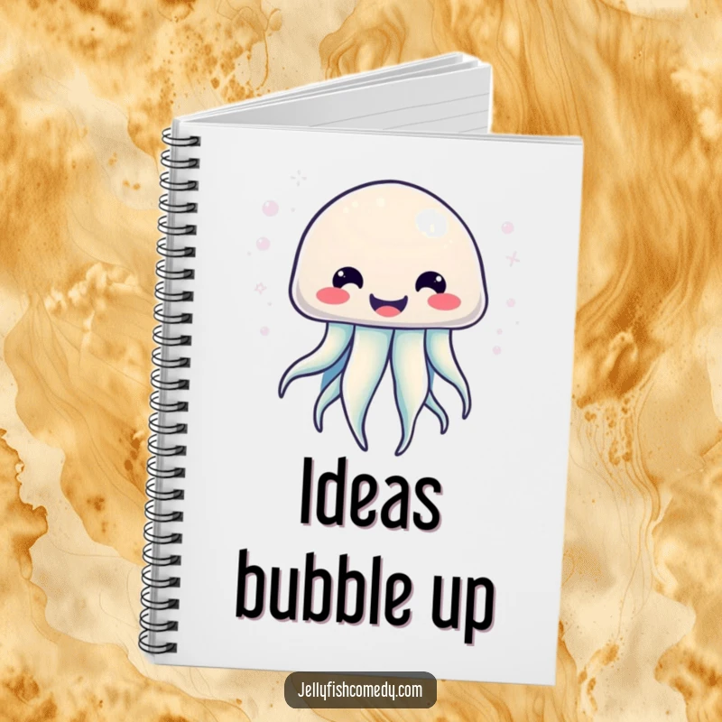 Funny Kawaii Jellyfish Notebook featuring a jellyfish with a big smile and radiating bubbly energy, perfect for note-taking.