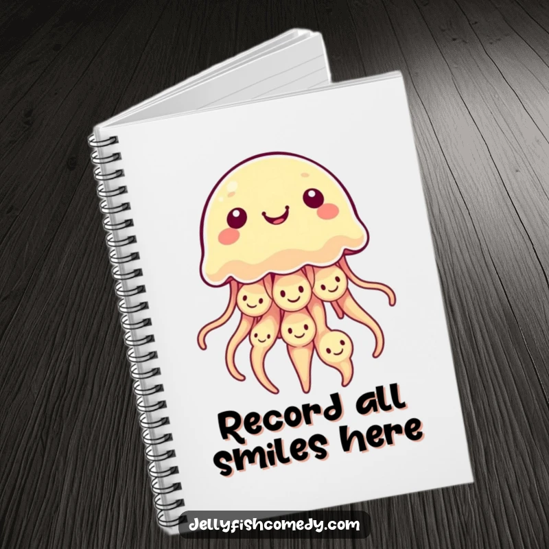 Funny Kawaii Jellyfish Notebook featuring a jellyfish with multiple smiley faces on its bell, perfect for jotting notes.