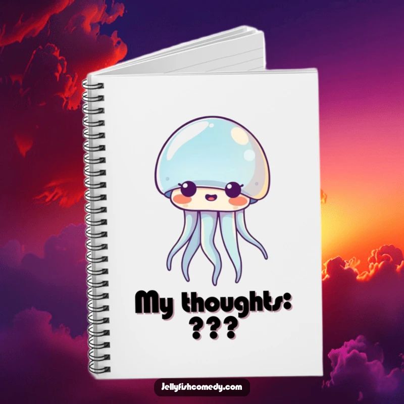 Funny Kawaii jellyfish notebook featuring a surprised creature, ideal for recording unexpected thoughts and ideas. Humorous journal.