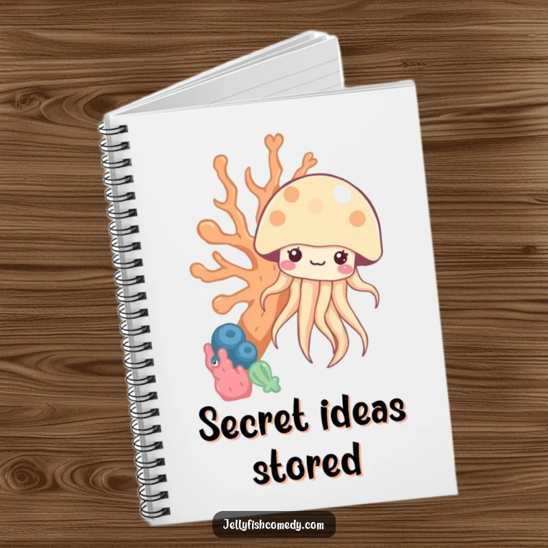 Funny kawaii jellyfish peeking from behind coral on a notebook, great for journaling with underwater humor.