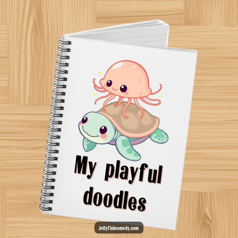 Funny jellyfish playfully bouncing off a friendly sea turtle, a humorous notebook for playful thoughts.