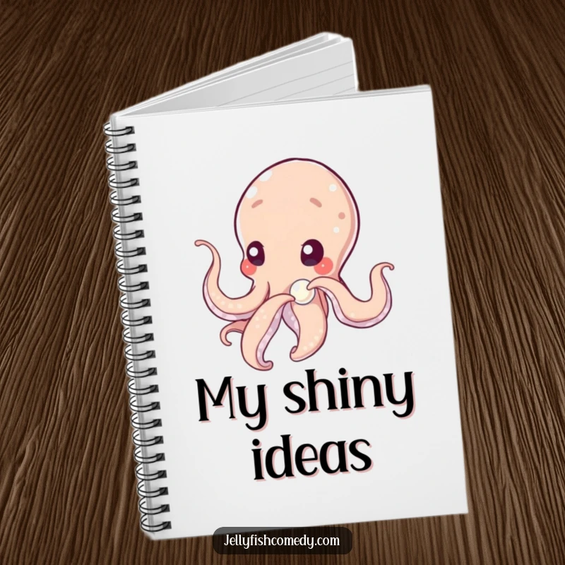 Funny tentacled being gently nudging a shimmering pearl with curiosity, adorning the cover of a notebook for thoughtful minds.