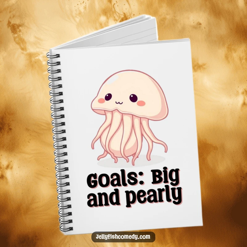 Funny notebook with a determined jellyfish pushing a large pearl, ideal for jotting down goals and tracking progress.