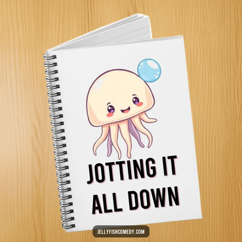 Funny Notebook: A cheerful jellyfish with numerous grins playfully bounces a sparkling bubble, ready to record your thoughts with humor.
