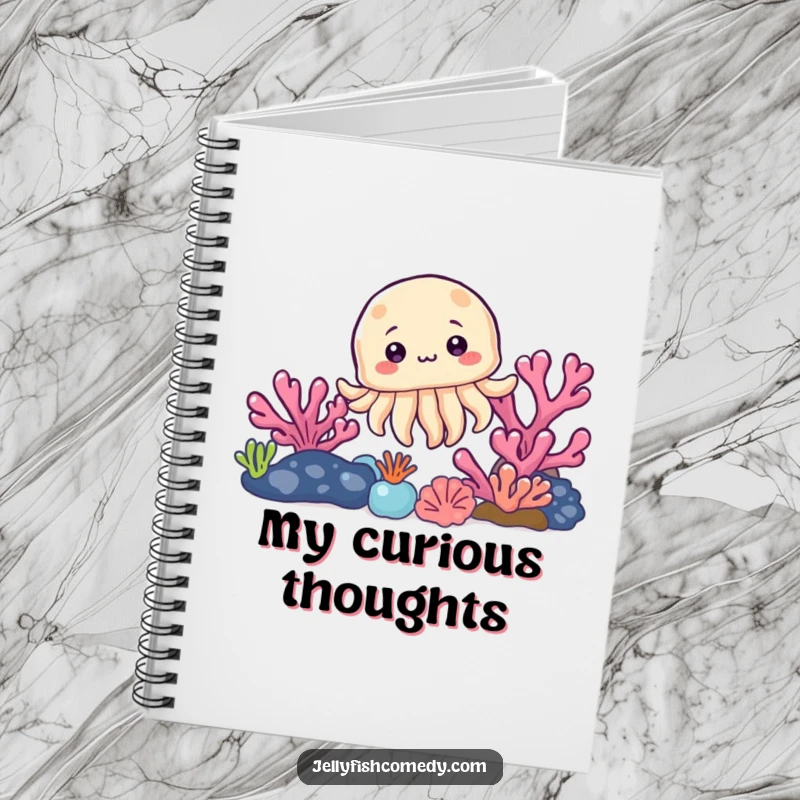 Funny notebook featuring a curious jellyfish peeking from behind a colorful coral reef, ideal for jotting down thoughts with ocean charm.