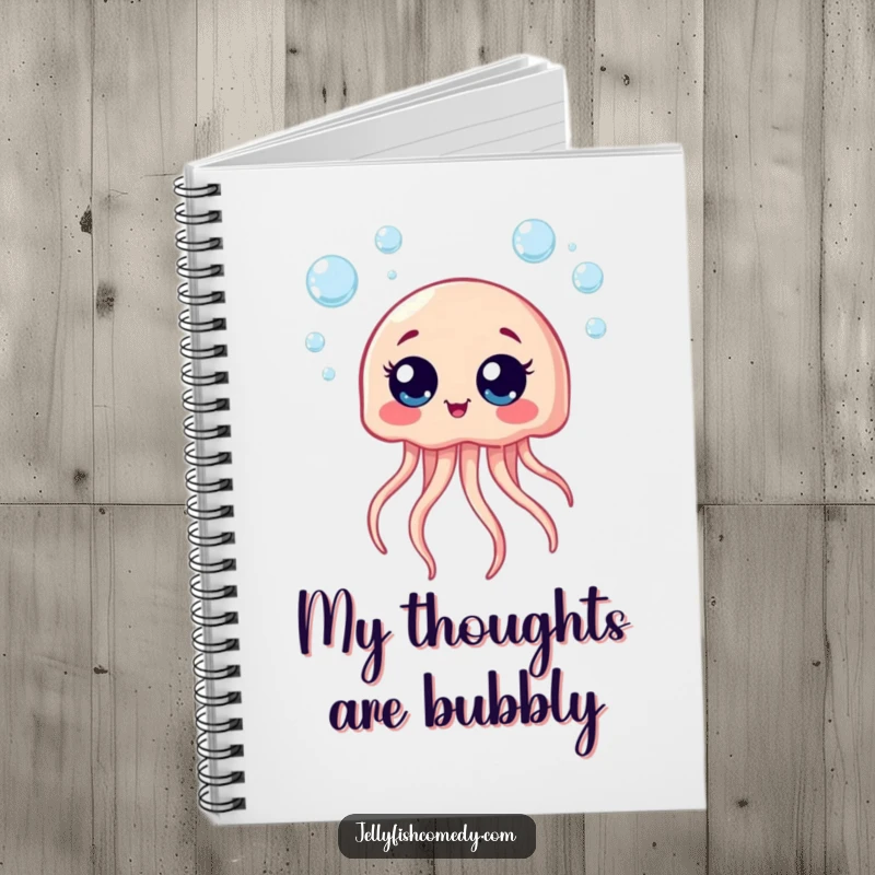 Funny notebook with a giggling jellyfish and bubbles, perfect for jotting down happy thoughts and ideas.