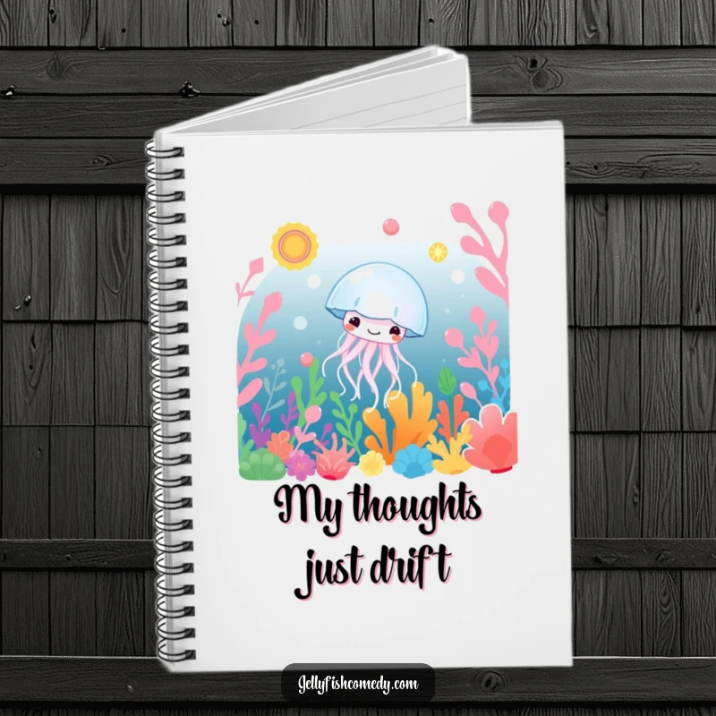 Funny Notebook: A content jellyfish drifts serenely through vivid underwater plants, perfect for jotting down ideas with a touch of humor.