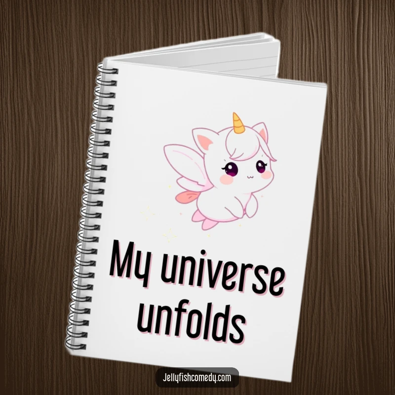 Funny notebook with a small, ethereal creature trailing sparkling stardust, perfect for journaling magical thoughts and creative ideas.