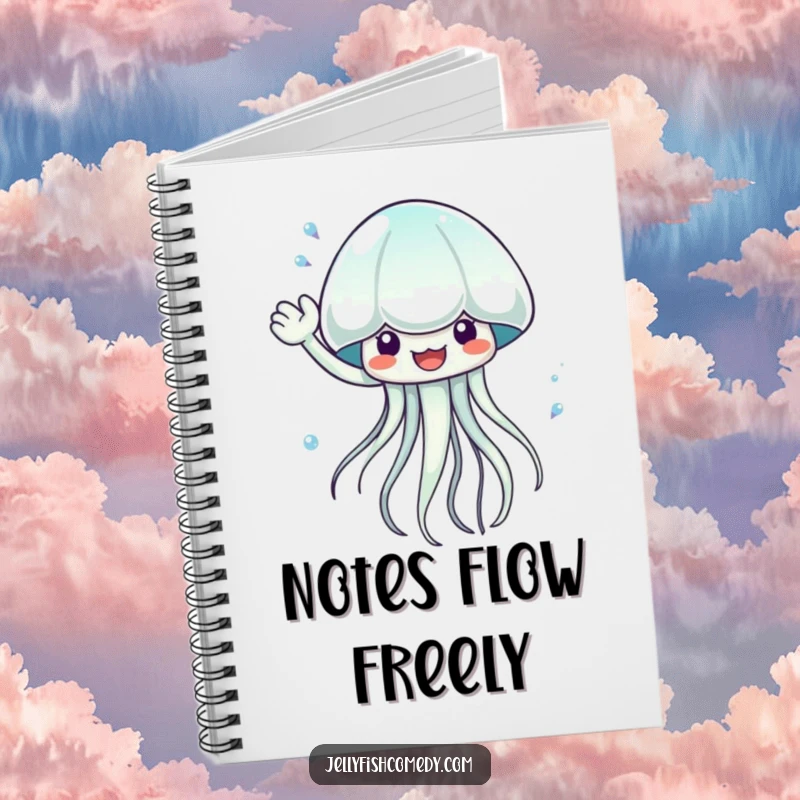 Funny waving jellyfish notebook for capturing splashy ideas, featuring an energetic sea creature, a fun and functional stationery item.