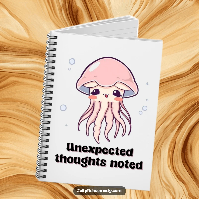 Funny surprised jellyfish notebook design shows a blushing jellyfish gently carried by a current, ideal for writing and creative thoughts.