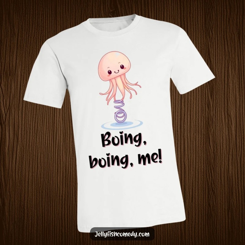 Funny T-Shirt showing a jellyfish happily bouncing on a tiny spring. This shirt captures energetic and lighthearted fun.