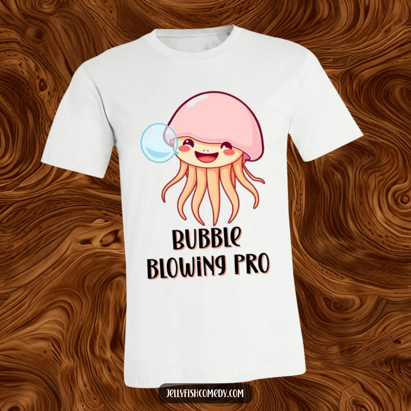 Funny grinning jellyfish t-shirt features a happy jellyfish blowing a big bubble with a wide, joyful grin.