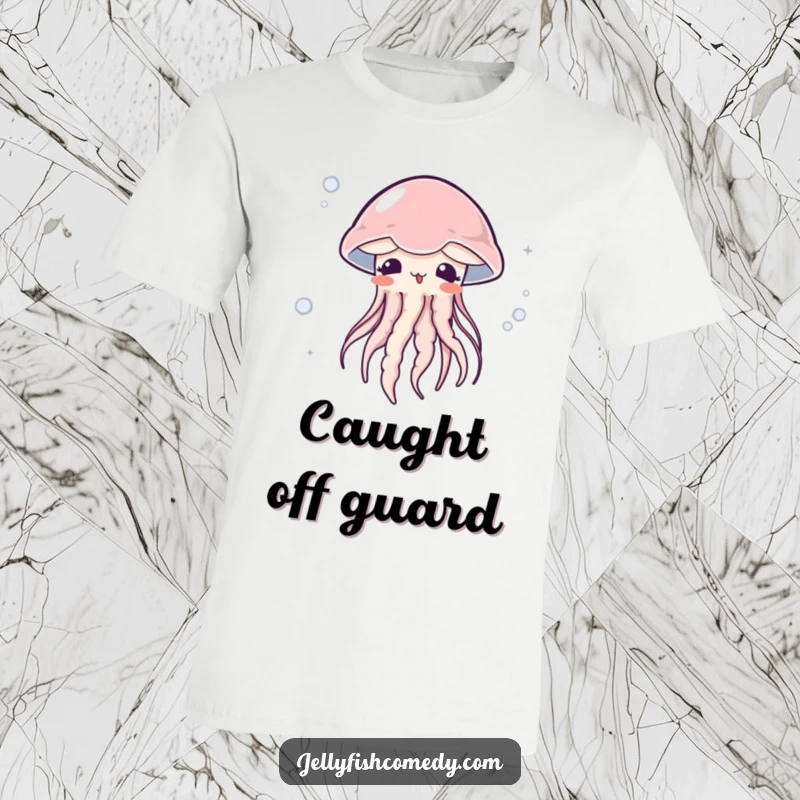 Funny surprised jellyfish t-shirt features a cute jellyfish blushing while gently carried by an ocean current.