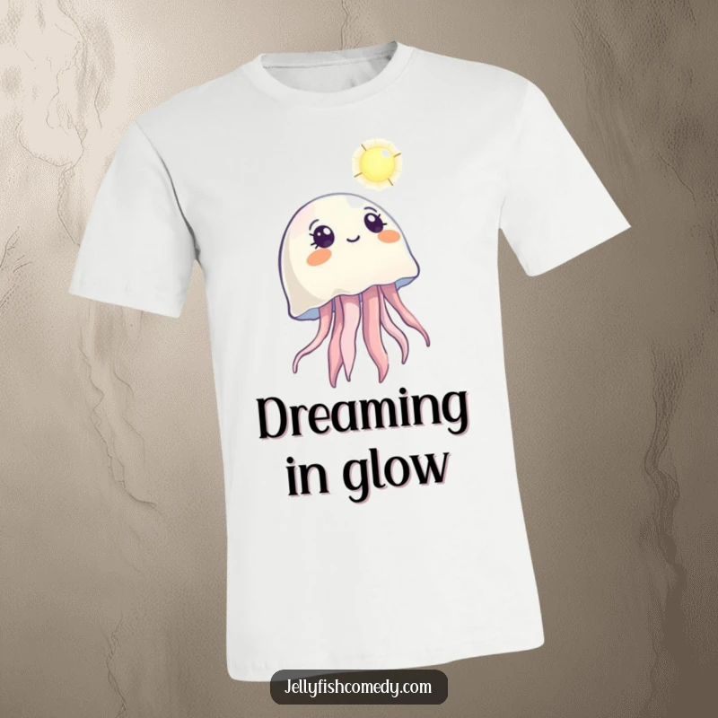 Funny t-shirt of a jellyfish looking up with wonder at a distant light, symbolizing hope and aspiration.