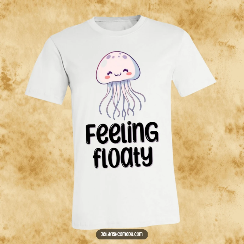 Funny kawaii jellyfish t-shirt, with trailing tentacles, joyfully floating upwards, showcasing a cute cartoon marine animal.